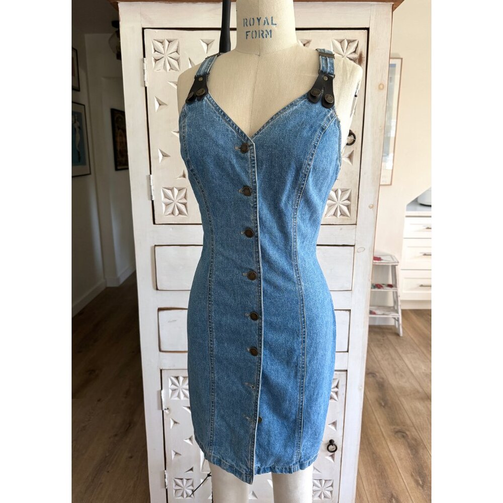 VTG 90s PARIS BLUES Sleeveless Denim Suspender Dress S/M
